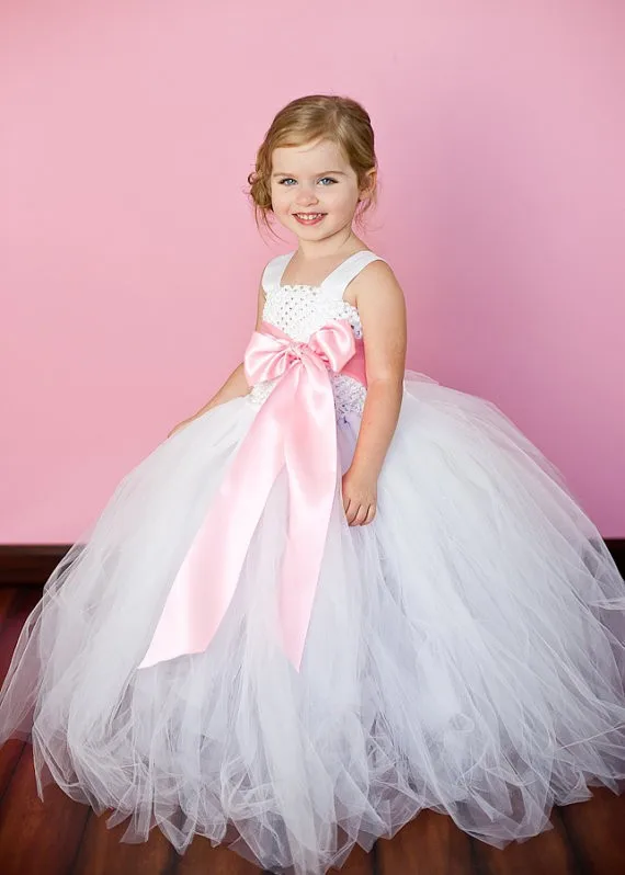 

12 Color Ribbon Bow 2Y-12Y White Flower Girl Tutu Dress For Birthday Photo Wedding Party Festival Girls Flower Dresses