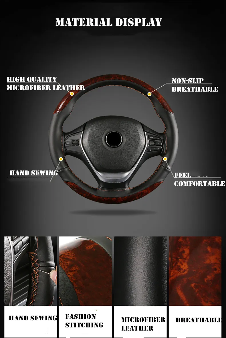 DIY Car Braid Leather with Wood Steering Wheel Cover Hand Sewing Auto Wheels Covers Case with Needle and Thread Universal