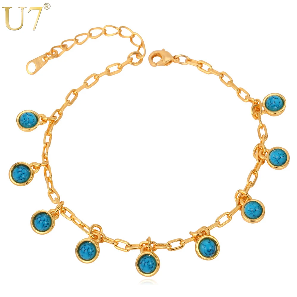 

U7 Blue Stone Bracelet Gold Color Fashion Jewelry Wholesale Resizable Chain Bohemia Charm Bracelet For Women H601