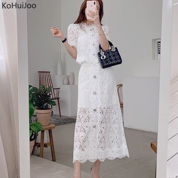 

KoHuiJoo Ladies Skirt Suit Women Suits Casual Beaded Crop Lace Tops And Ankle Length Skirts Set 2 Pieces Black White