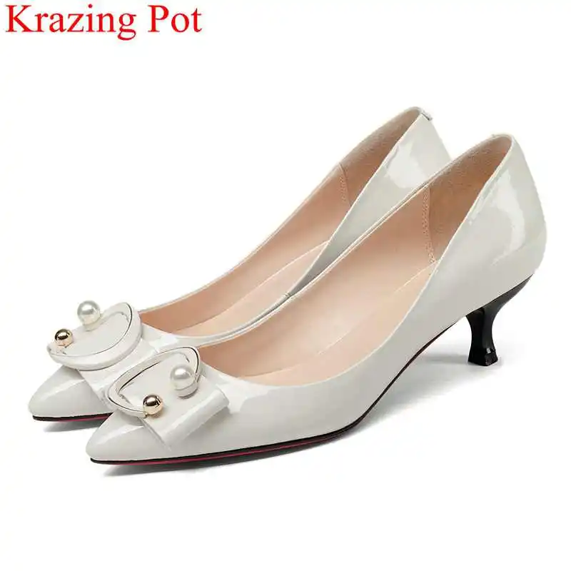 

2018 fashion cow leather shallow pearl thin heel big size women pumps buckle elegant wedding office lady party autumn shoes L46