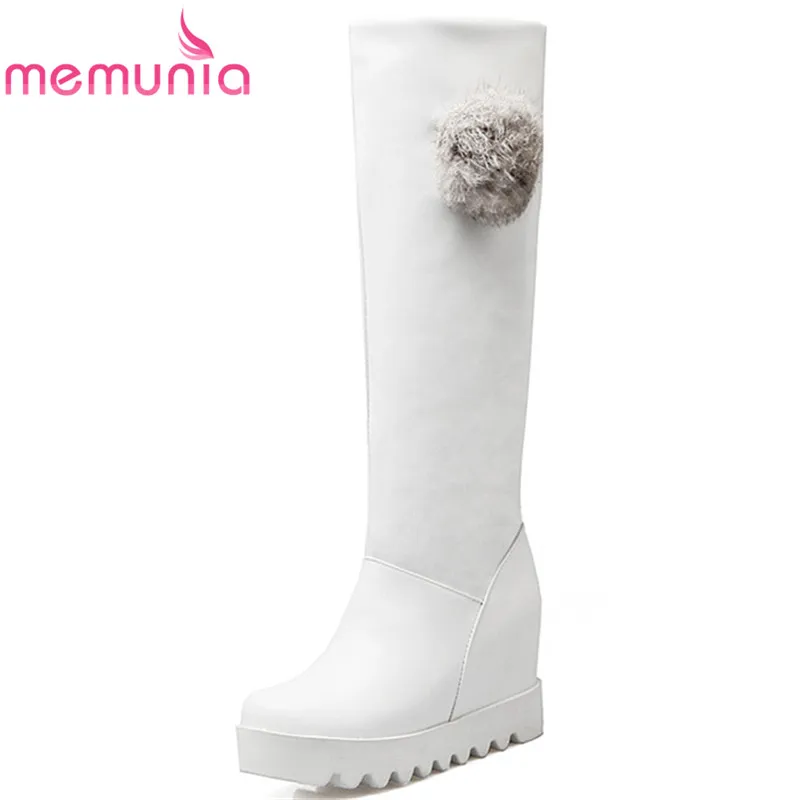 

MEMUNIA Height increasing shoes woman autumn winter knee high boots PU solid slip-on platform shoes boots female big size 34-43
