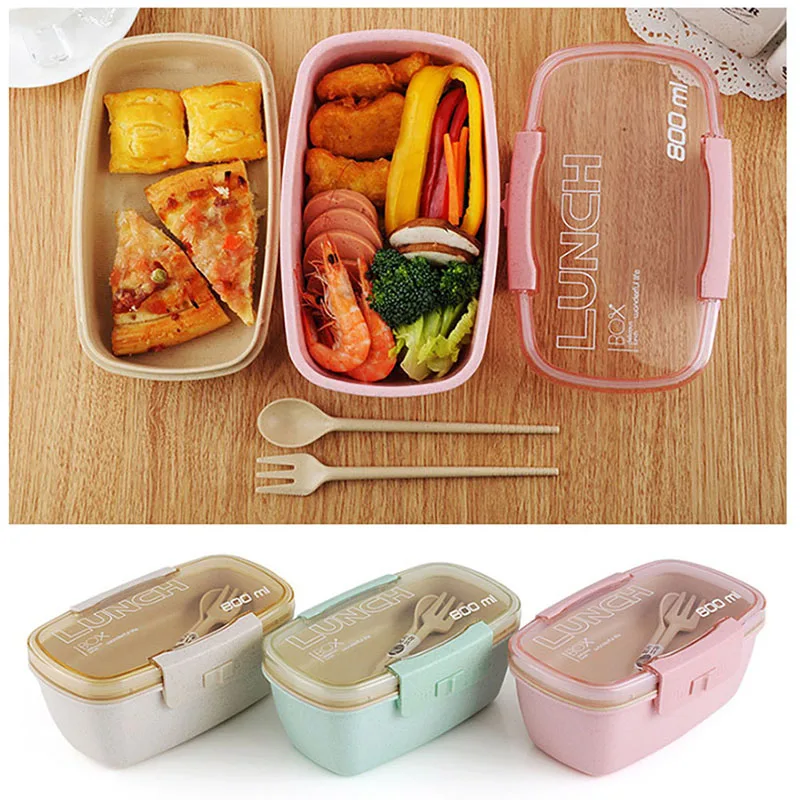

2019 Healthy Material Lunch Box Double Layer Wheat Straw Bento Boxes Microwave Dinnerware Food Storage Container Lunchbox 800ml