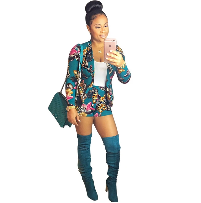 Floral Print Two Piece Set Women Blazer And Shorts Set