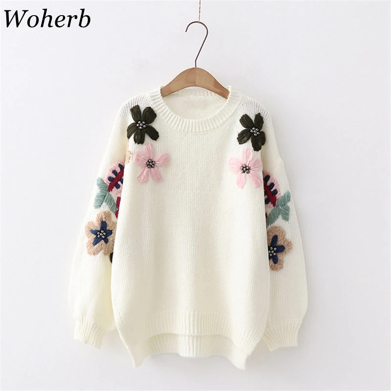

Woherb Loose Elegant Flower Embroidery Pullovers White Sweater Women Harajuku Beading Knit Jumper Manteau Femme Hiver 20263