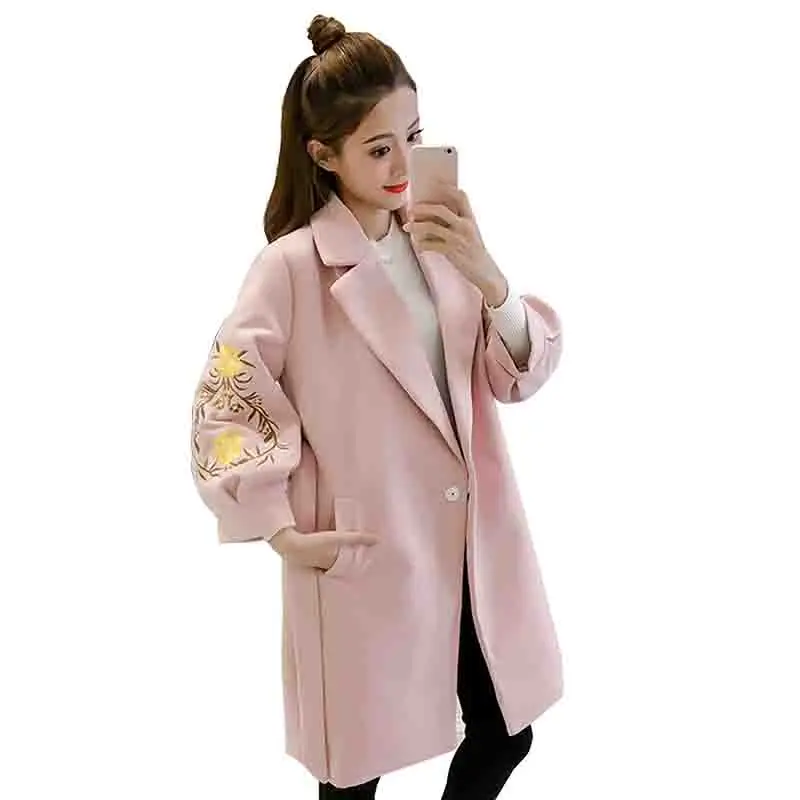 

Autumn Winter Woolen Coat 2019 Fashion New Women Lantern sleeve embroidery Wool Coat Female Vintage Plus size Overcoat Belt