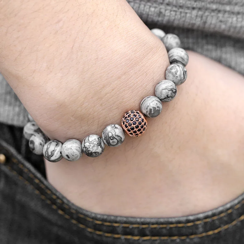 Map Stone Beaded Bracelet For Men Black CZ Rose Gold Beads Strand Bracelet Male Jewelry