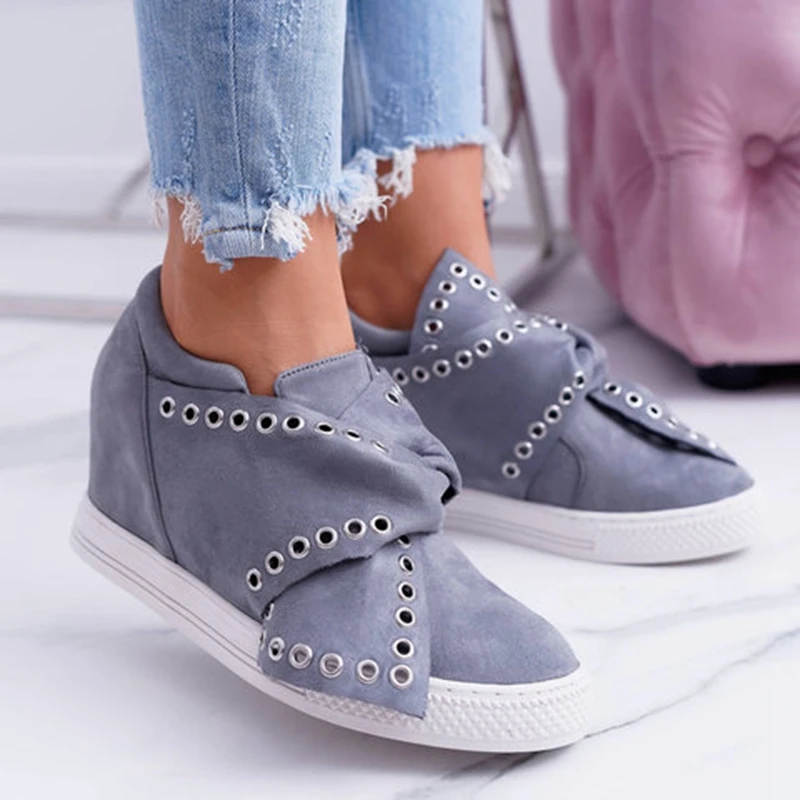 Casual Flat Plus Size Women Sneakers Ladies Suede Bow Tie Slip On Vulcanized Shoes Female Increase in Flats Footwear