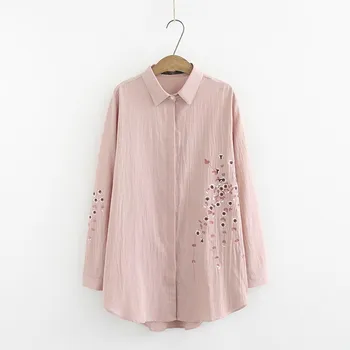 

Fashion 2019 Summer Plus Size Women Flower Embroidery Loose Shirts Long Sleeve Button Casual Blouse Turndown Neck Top