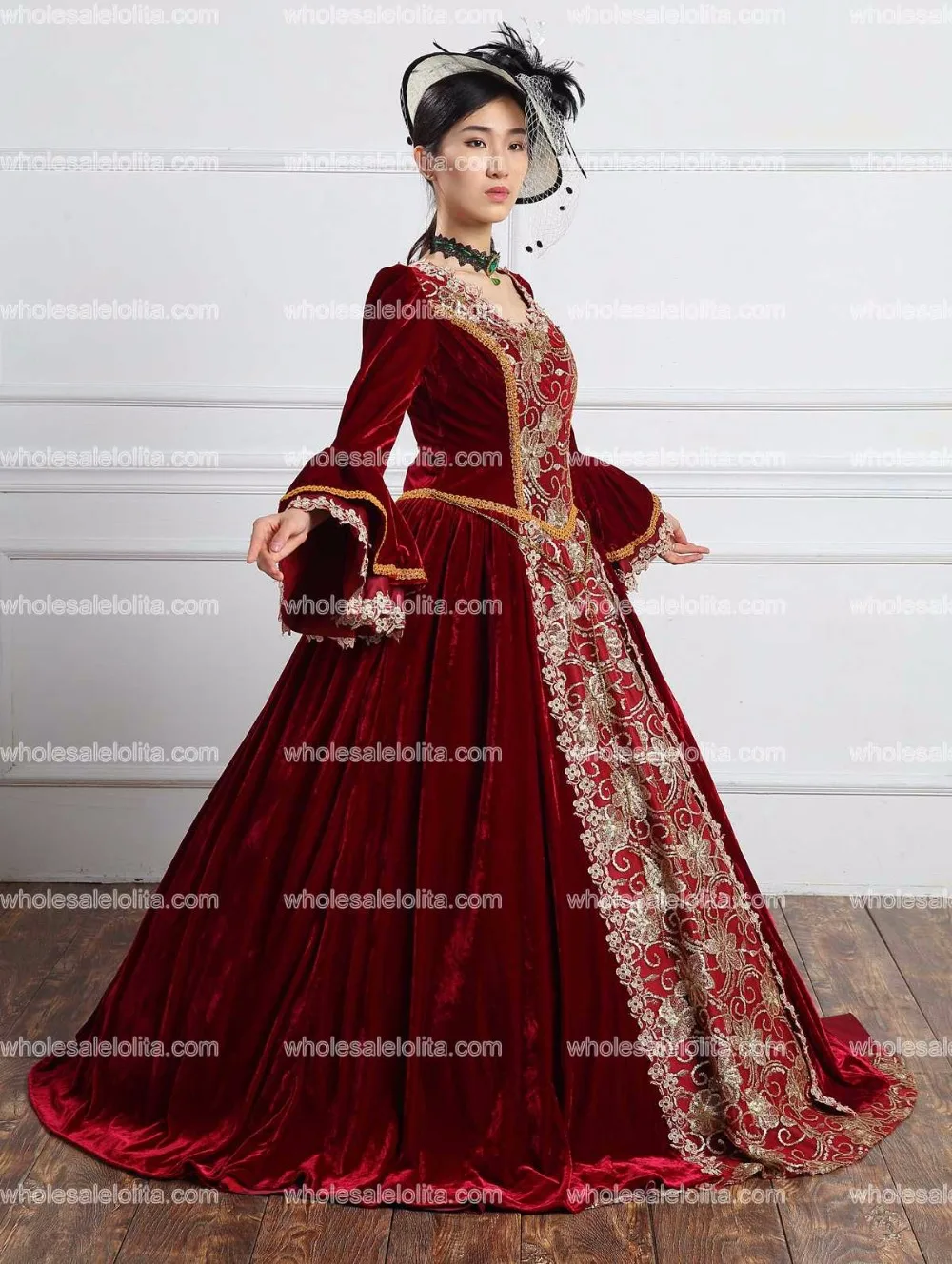 Высокое качество Бургундия бархат барокко Marie платье Антуанетты Ренессанс Готический период костюмы