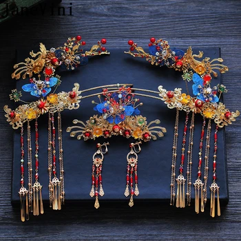

JaneVini Vintage Chinese Bridal Headwear with Earrings Ancient Blue Butterfly Hairpins Beaded Wedding Jewelry Hair Accessories
