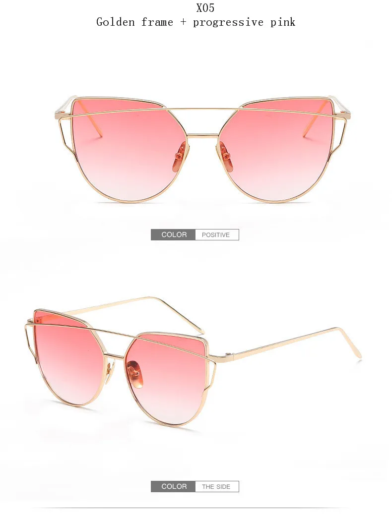 New Cat Eye Sunglasses Women Brand Designer Fashion Twin-Beams Rose Gold Mirror Cateye Sun Glasses For Female