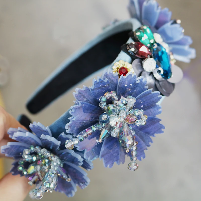 

Baroque Mysterious Blue Flower Crown Tiaras Handwork Sequins Crystal Beads Hairbands Pendant Wedding Jewelry Hair Accessories