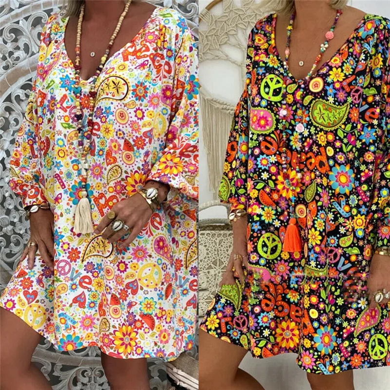

Women 3/4 Sleeve Loose Dresses Boho Floral Printed Casual Short Mini Dress Vestidos 2019 Ladies V Neck Plus Size Dresses S-3XL