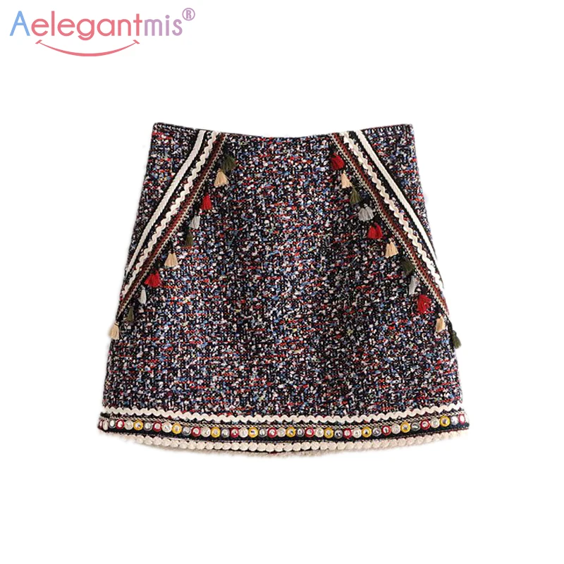 

Aelegantmis Women Spring Autumn New Woolen Mini Skirt Lady Casual Tassels High Waist Short Skirts Woman Multicolor A-line Skirts