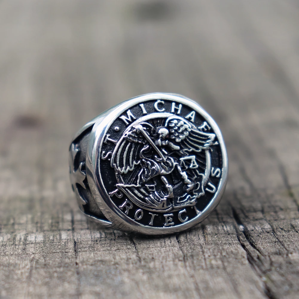 

Save and Protect Archangel Biker Rings Mens Knigts Templar Stainless Steel Ring Guardian Angel Jewelry