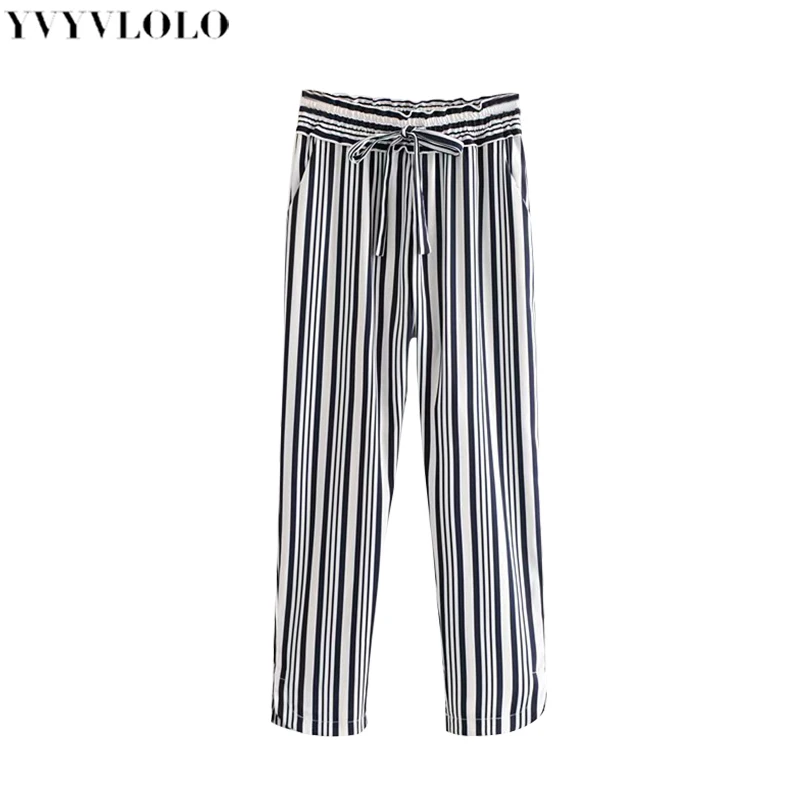 YVYVLOLO vintage stripe Elastic high waist Wide leg pants