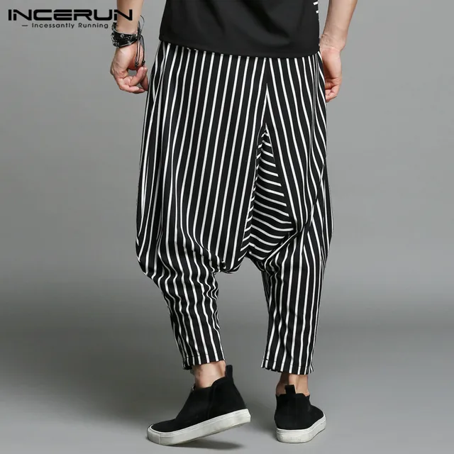 INCERUN Japan Style S-5XL Cross-pants Men Irregular Striped Patchwork Harem Pants Men’s Trousers Big Male Drop Crotch Plus Dance