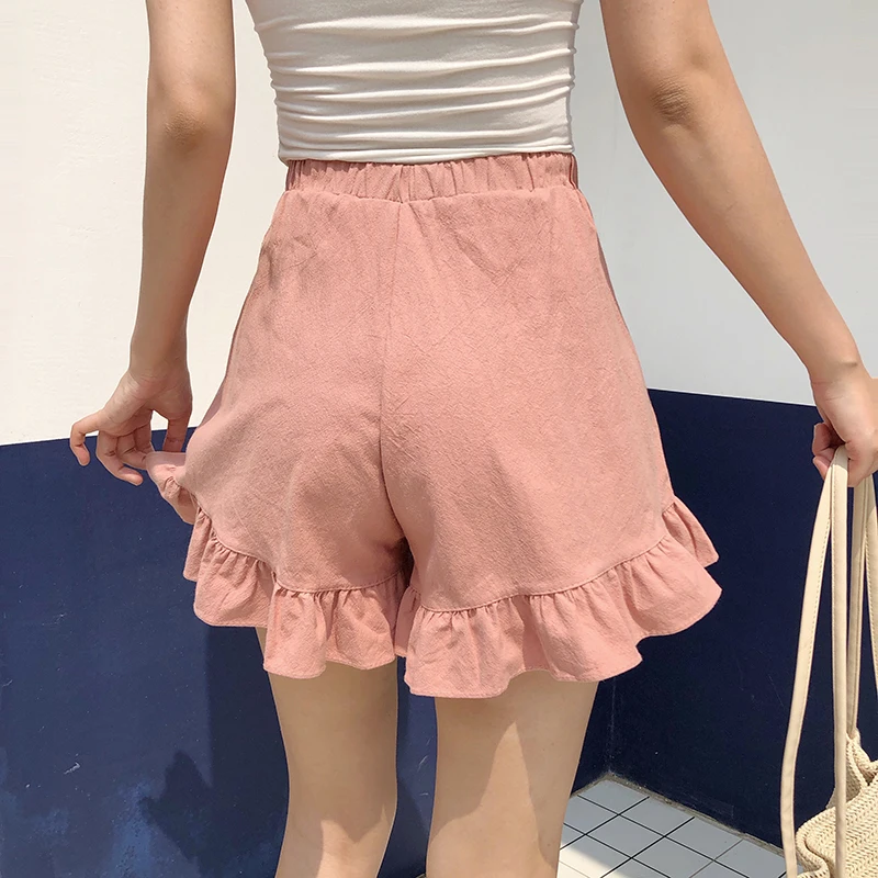 2018 Summer New Cotton Shorts Female Wide Leg Shorts High Waist Shorts Women Elastic Waist Fashion Ruffles Solid Pink Apricot 2018 Summer New Cotton Shorts Female Wide Leg Shorts High Waist Shorts Women Elastic Waist Fashion Ruffles Solid Pink Apricot