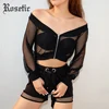 Rosetic, готическая Сексуальная короткая женская блузка, черная сетчатая прозрачная блузка с вырезом лодочкой, открытыми плечами, длинным рука... ► Фото 3/6