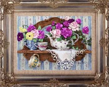

blooming purple rose silk ribbon embroidery 3D canvas painting satin cross stitch kit needlework handcraft gift DIY home wall de