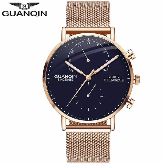 GUANQIN, мужские часы, Лидирующий бренд, роскошные часы с хронографом, мужские деловые повседневные креативные кварцевые часы с сетчатым ремешком, Relogio Masculino A - Цвет: F
