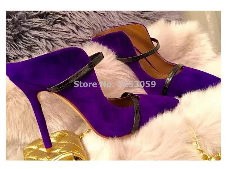ALMUDENA/Женские Потрясающие туфли-лодочки на высоком каблуке с острым носком фиолетового и золотого цвета; обувь для вечеринок без шнуровки с закрытым вырезом и ремешками; дизайнерские шлепанцы - Цвет: purple as picture