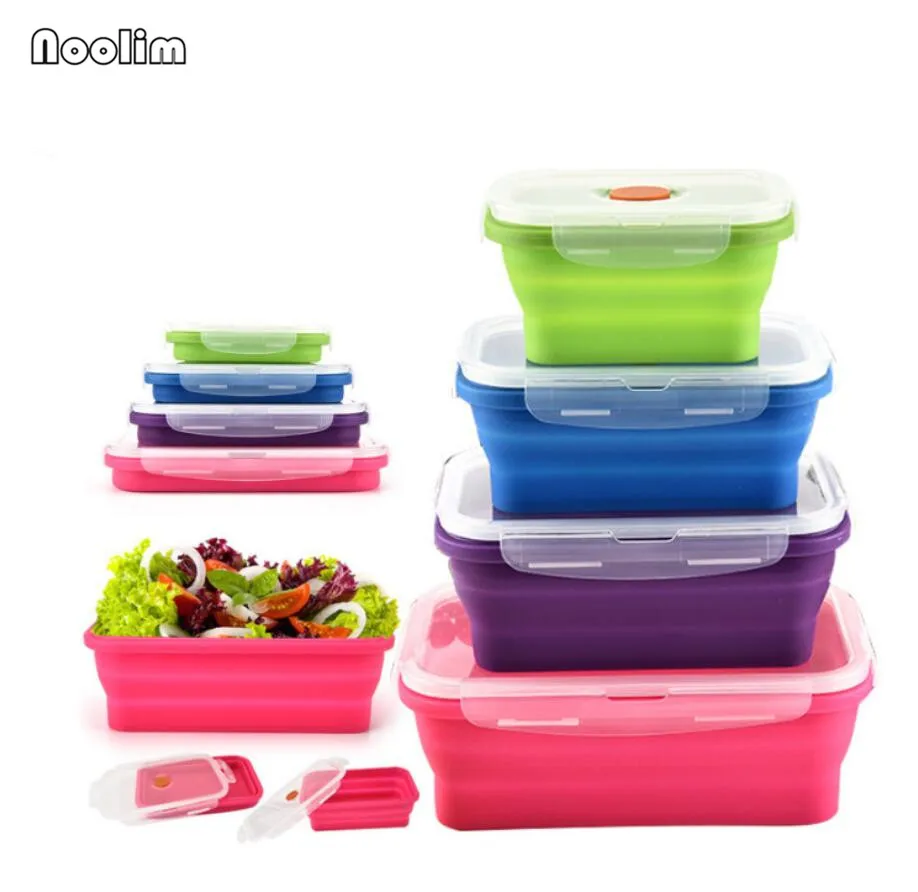 

NOOLIM 4pcs/set Silicone Lunch Box Folding Food Grade Silicone Container Portable Collapsible Food Picnic Fruits Storage Box