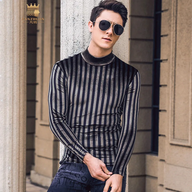 

FANZHUAN free shipping casual 2019 long-sleeved T-shirt Men's MALE striped high-neck t-shirt Comfortable casual spring 925032
