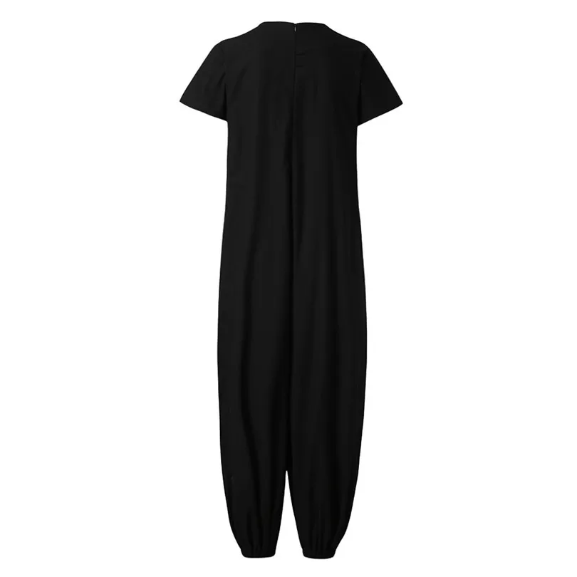 New Women Summer Casual O-Neckline Solid Romper Short Sleeve Zipper Loose Jumpsuit Elegant Beach Holiday Dropshipping #4A29 (11)