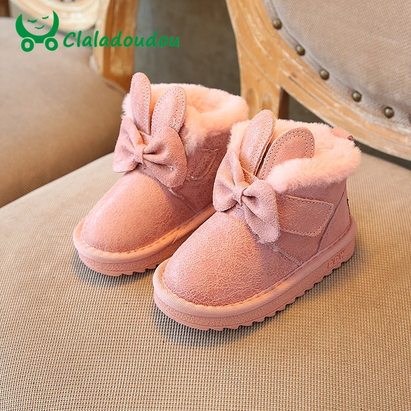 

Claladoudou 13.5-15CM Children Snow Boots Kids Girls Warm Plush Genuine Leather Boots Toddler Girl Pink Brand Ankle Winter Shoes