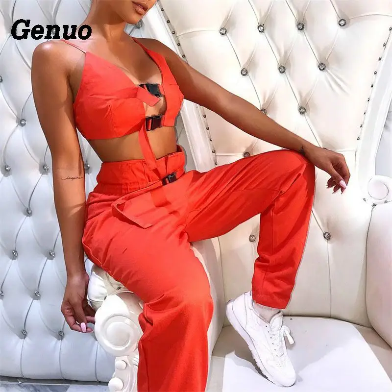 

Genuo Casual Two Piece Set Women Buckle Backless Strap Crop Tops Ruffles Cargo Pants Female Autumn Clubwear Sets 2018 Tracksuits