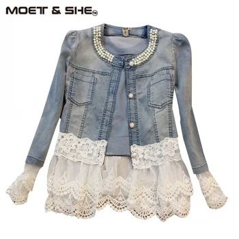

Women Casacos Feminino Slim Lace Patchwork Beading Denim Lady Elegant Vintage Jeans Jacket Coat C728510Y