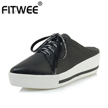 

FITWEE Designer Brand Genuine Leather Women Sandals Pointed Toe Lace Up Slippers Fashion Wedges Women Shoes Size 34-39