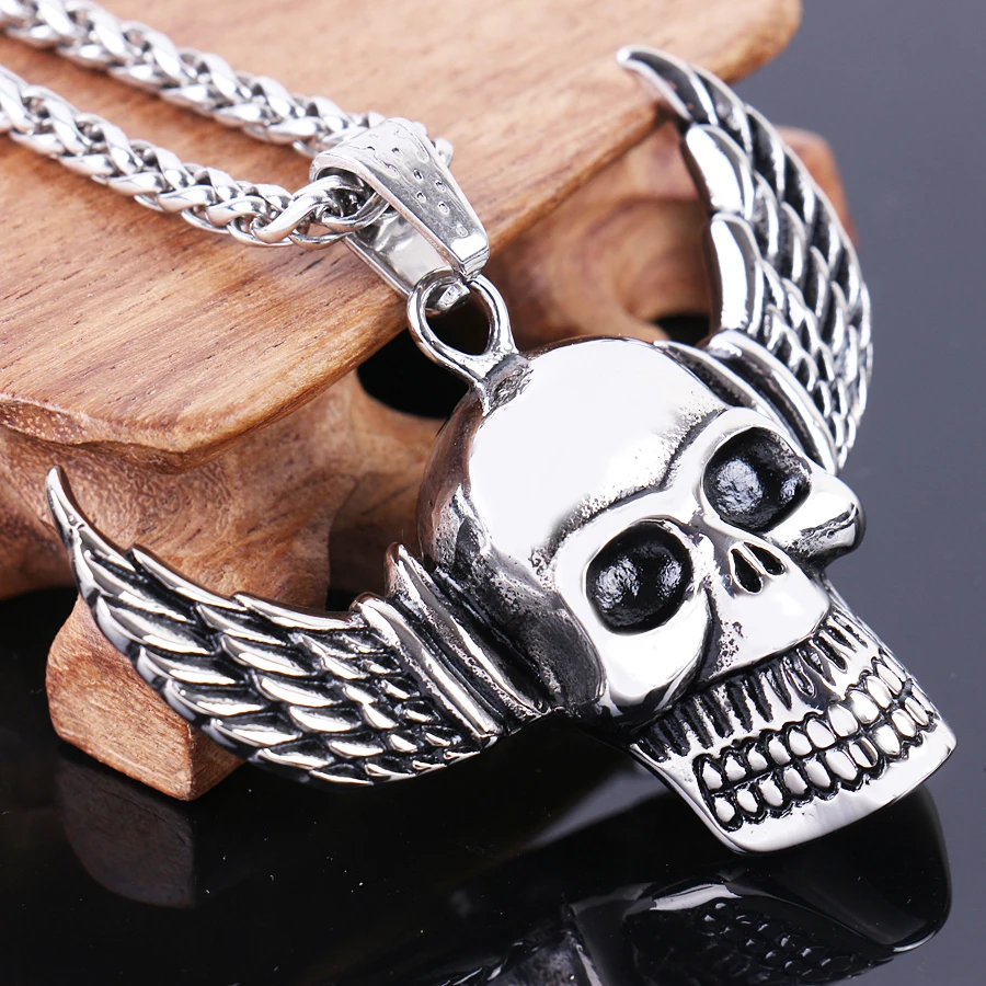 Stainless Steel Skull Pendant For Man Punk Jewelry Angel Wings Pendant