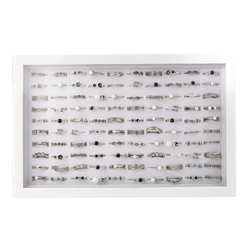

100pcs Trendy Silver Tone Opening Finger Rings Mix Style and Size Woman man punk jewelry Display Box Cufflinks Storage