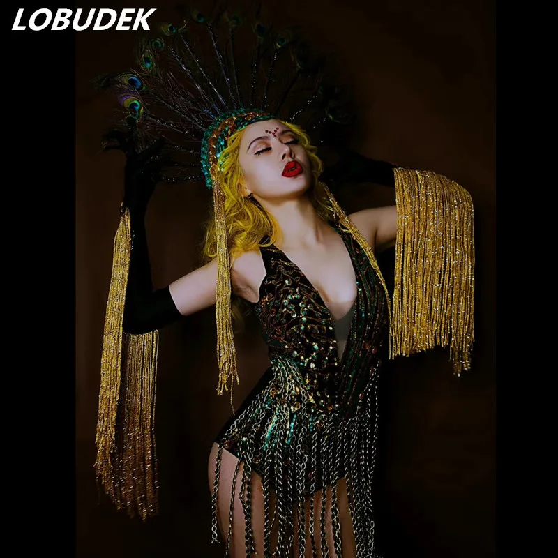 

Sparkly Crystals Bodysuit Black Sequins Tassels Jumpsuit Female Nightclub Clothing Dance Outfit Bar Party DS Performance Costume