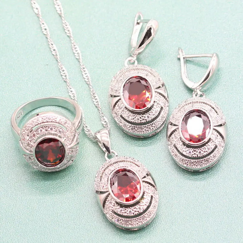 

EIOLZJ Red Semi-precious Stone Sterling Silver 925 Jewelry Sets For Women Necklace Ring Dangle Earrings Free Jewelry Box