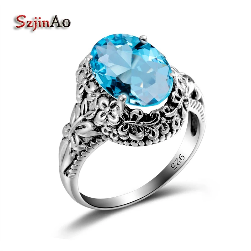 

Szjinao Wholesale Fashion Flower Butterfly 925 Sterling Silver rings for women Jewelry Carving vintage Oavl Aquamarine anillos