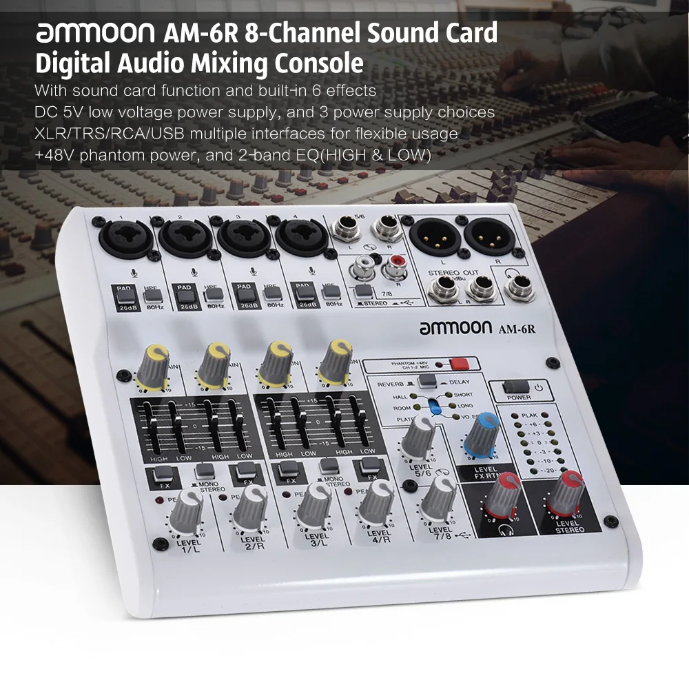 Ammoon AM-6R 8-канальный цифровой аудио смеситель микшерный пульт с Запись dj-сети Live Broadcast караоке Функция