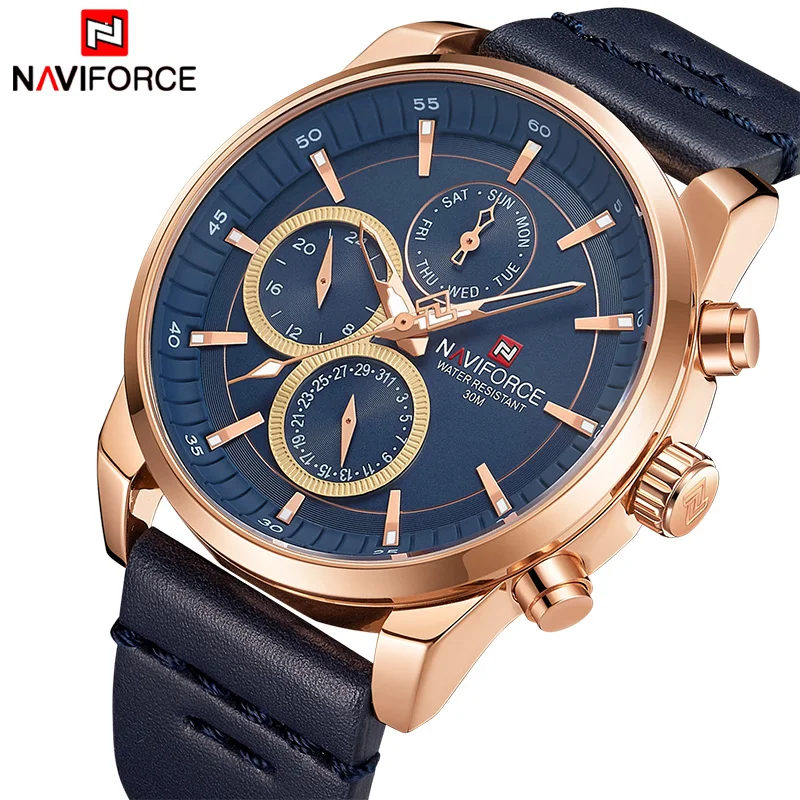 

Часы наручные NAVIFORCE Мужские кварцевые, роскошные брендовые водонепроницаемые с кожаным ремешком, с 24-часовым циферблатом, с датой