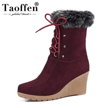 

TAOFFEN Brand New Solid Lace Up Wedges High Heels Round Toe Shoes Woman Casual Hot Sale Winter Boots 3 Colors Size 34-43