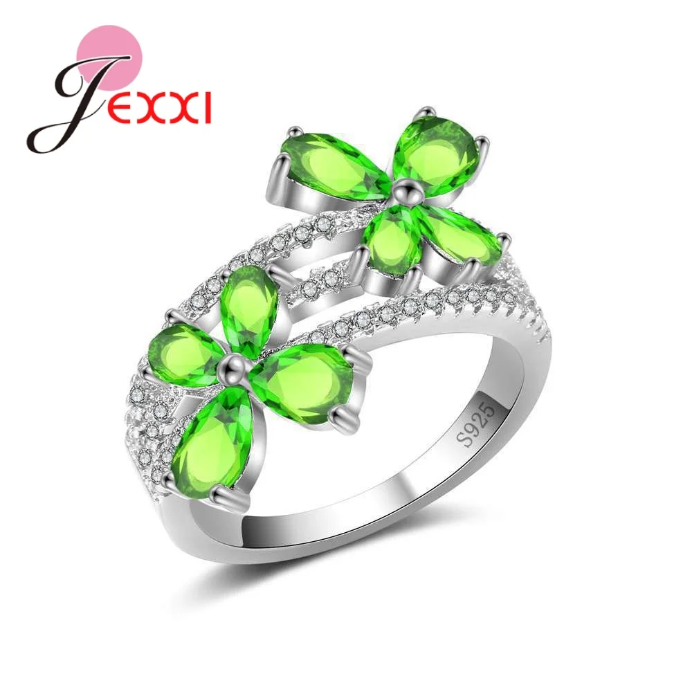 JEXXI Bohemia Double Flower Crystal Hollow Romantic Personality 925 Silver Finger Ring Women Wedding Anniversary Gift