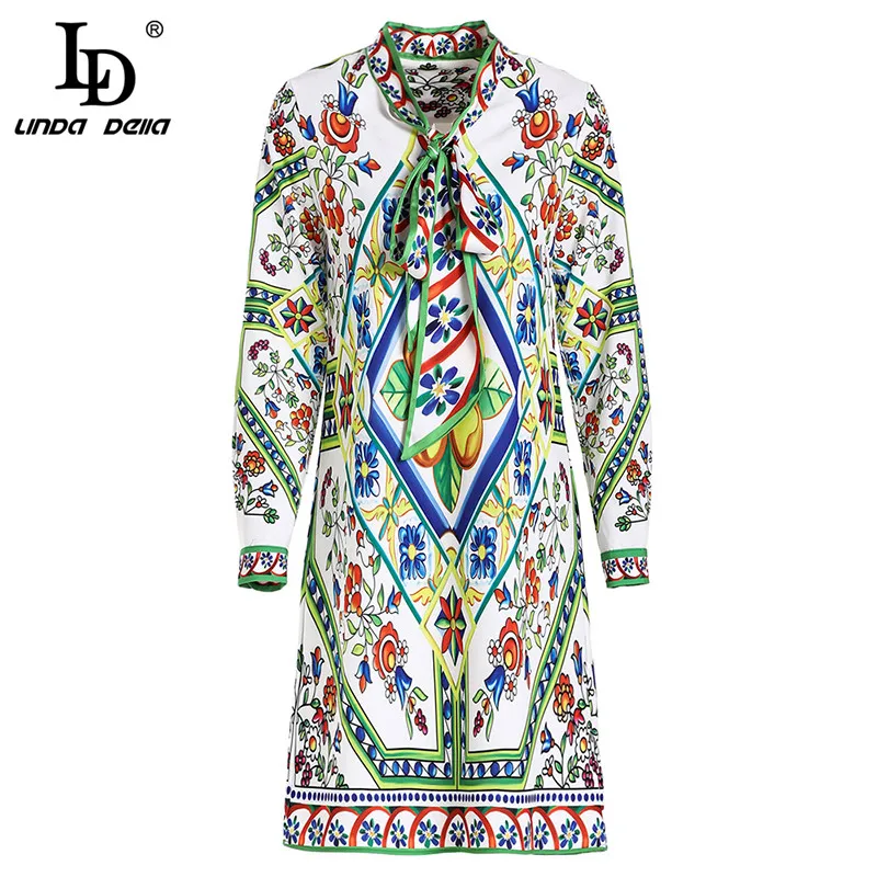 

LD LINDA DELLA 2019 Spring Fashion Runway Dress Women's Long Sleeve Bow Collar Multicolor Floral Printed Casual Dresses vestido