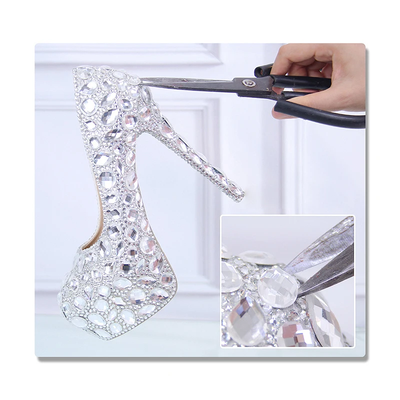 Crystal Shoes Cinderella Women Heels For Evening Party Glittering Round Toe Custom Silver Rhinestone Wedding Pumps Size 9|bride wedding shoes|crystal