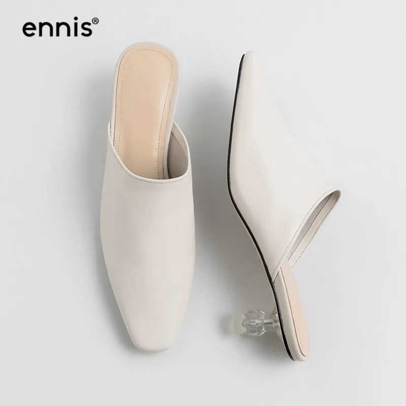 

Stiletto Mules Shoes Women Genuine Leather Slippers Pointed Toe Mules Mid Heel Designer Summer Ladies Shoes Beige Pnk Green M942