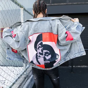 

TREND-Setter 2018 Spring Fashion Harakuju Letter Denim Jacket Women Long Sleeve Loose Cartoon Jean BF style Jacket and Coat