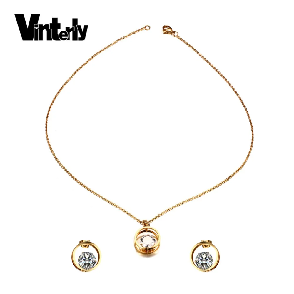 

Vinterly Gold-color Jewelry Set for Women Girls CZ Stone Stainless Steel Necklace Earring Female Wedding Engagement Jewelry