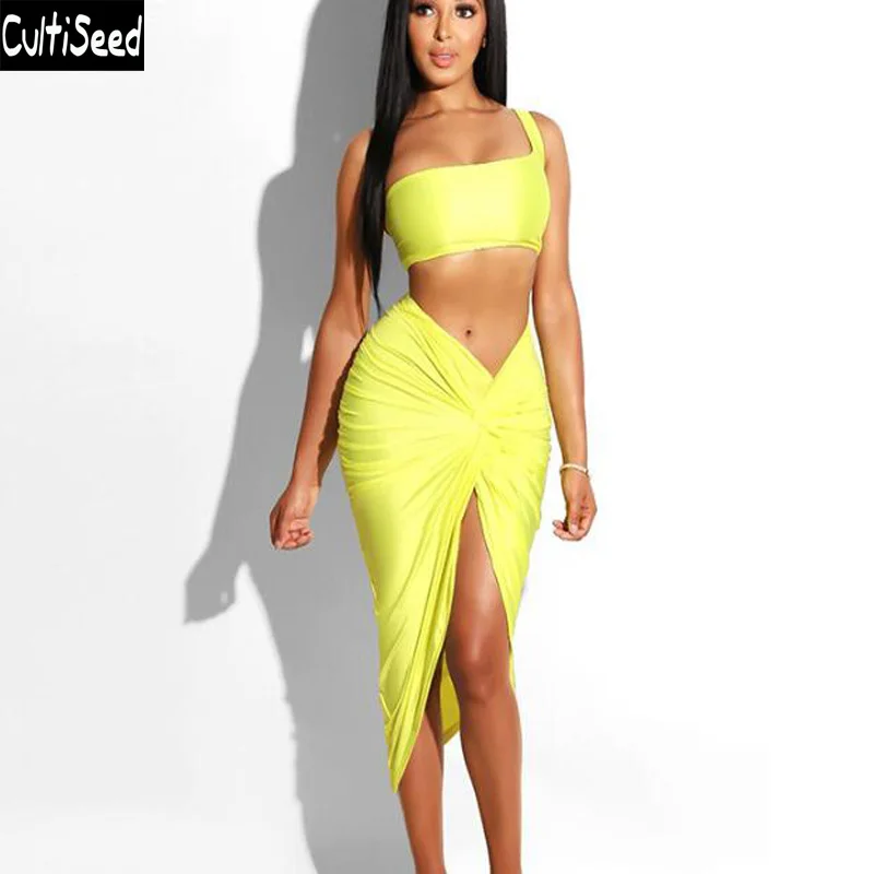

Cultiseed Women Dress Set 2019 Female Sexy One Shoulder Top+High Split Dress Set Suits Fashion New Solid Color Dress Set Clothes