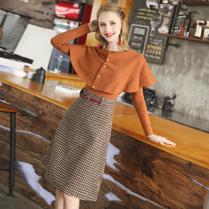 

Ladies Fashion Elegant Cloak Kintted Sweater and Skirt 2pcs Suit Dress
